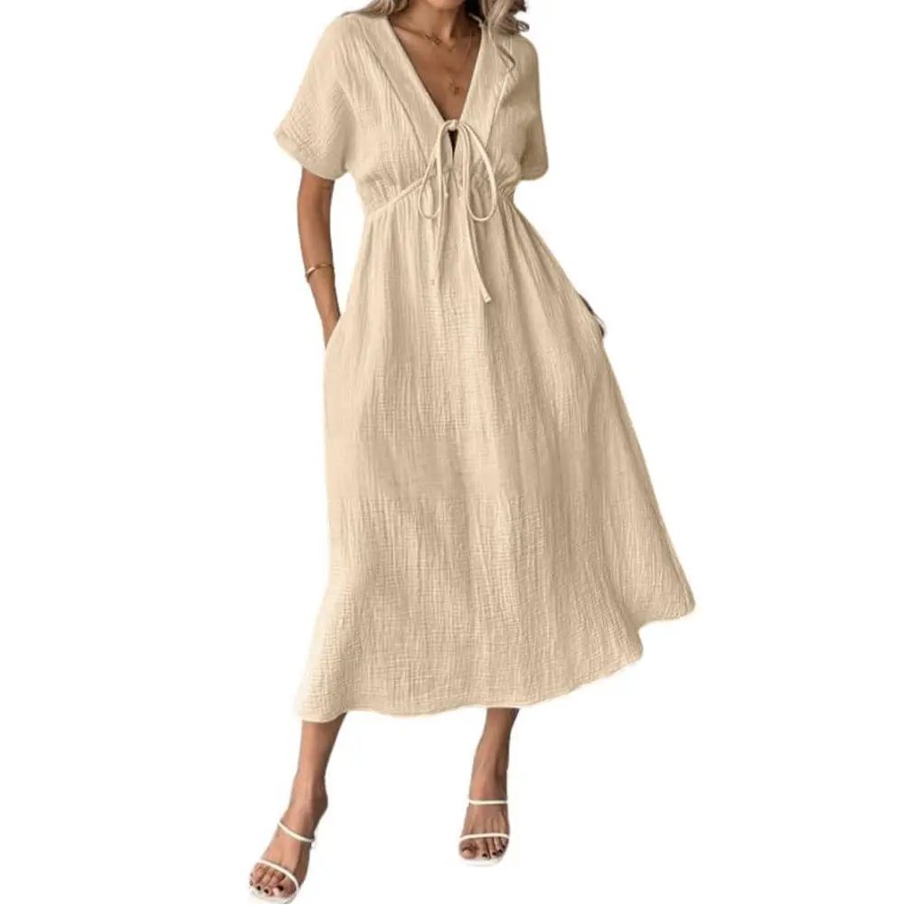 Last Day 89% OFF 🔥Women's Lightweight Summer Cotton Dress V-Neck Bohemian Casual Loose Short Sleeve Drawstring Beach Dress with Pockets