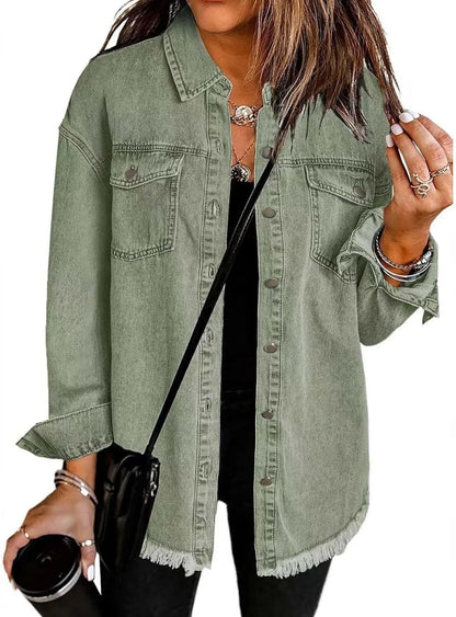 Women's Casual Denim Button Down Distressed Jacket