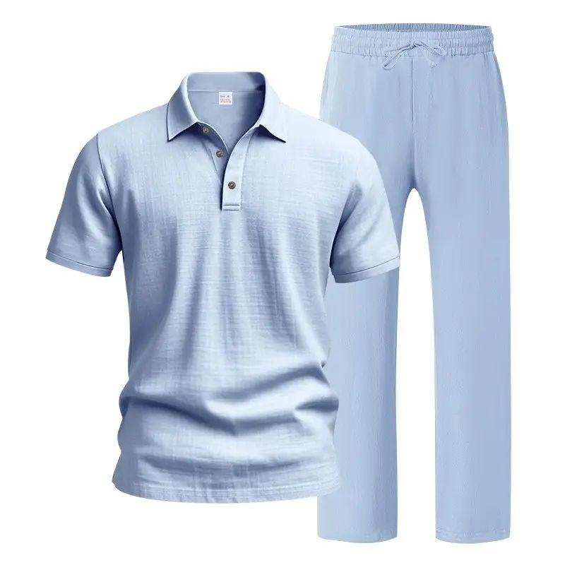 Men's linen casual short-sleeved shirt and straight-leg drawstring trousers suit