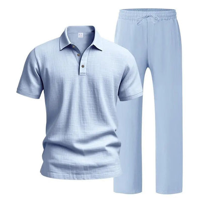 Men's linen casual short-sleeved shirt and straight-leg drawstring trousers suit