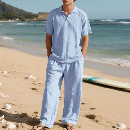 Men's linen casual short-sleeved shirt and straight-leg drawstring trousers suit