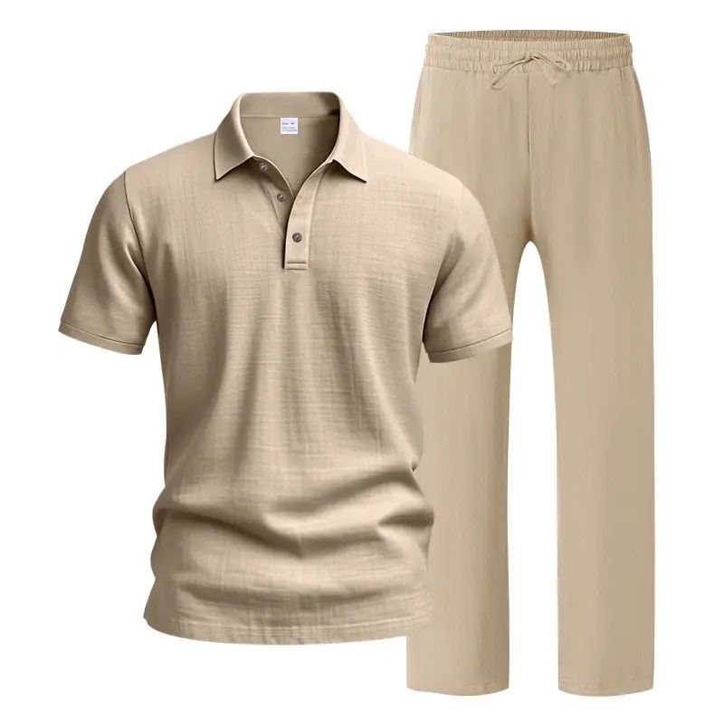 Men's linen casual short-sleeved shirt and straight-leg drawstring trousers suit