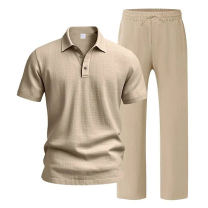 Men's linen casual short-sleeved shirt and straight-leg drawstring trousers suit