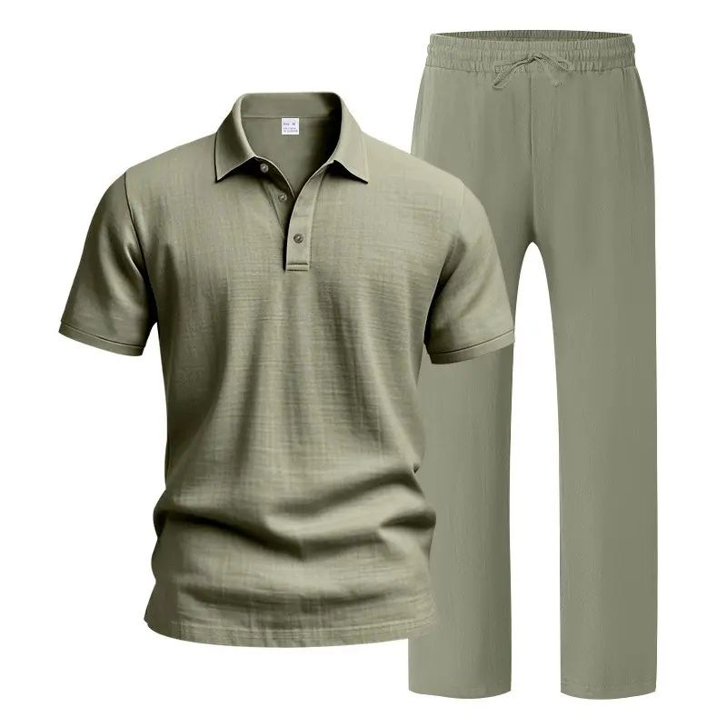 Men's linen casual short-sleeved shirt and straight-leg drawstring trousers suit