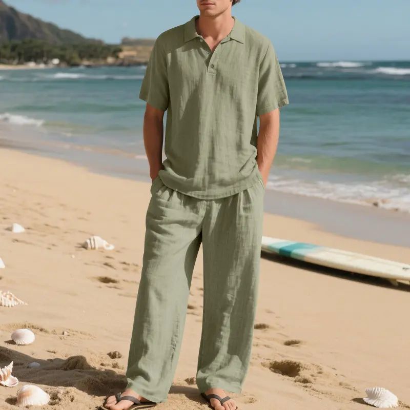 Men's linen casual short-sleeved shirt and straight-leg drawstring trousers suit