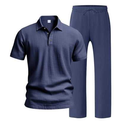 Men's linen casual short-sleeved shirt and straight-leg drawstring trousers suit