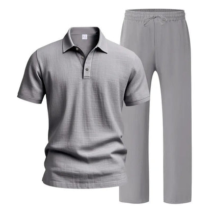Men's linen casual short-sleeved shirt and straight-leg drawstring trousers suit