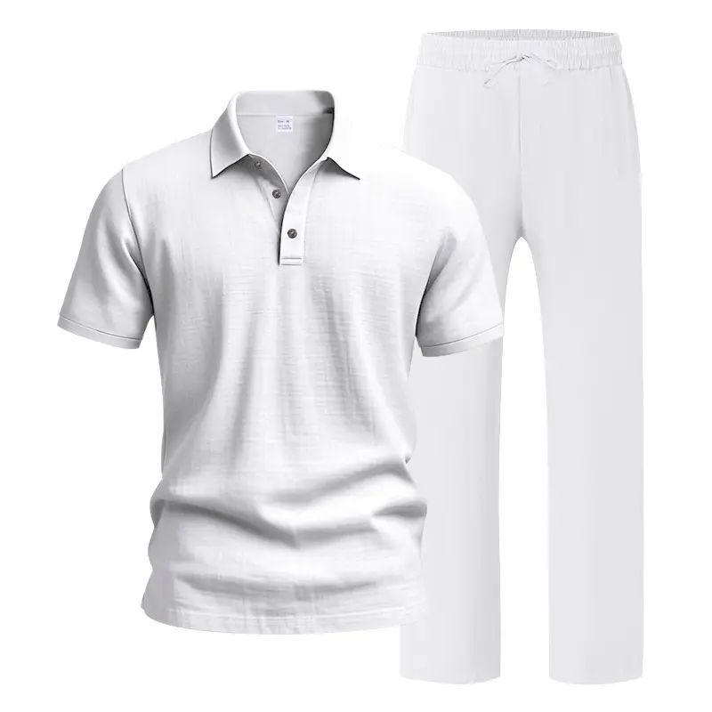 Men's linen casual short-sleeved shirt and straight-leg drawstring trousers suit