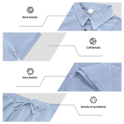 Men's linen casual short-sleeved shirt and straight-leg drawstring trousers suit