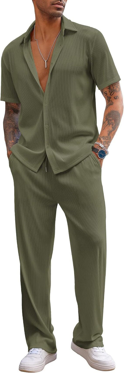 ✨Size:S-6XL🔥Men's 2 Piece Outfit Casual Short Sleeve Button Down Shirt Beach Summer Loose Pant Sets