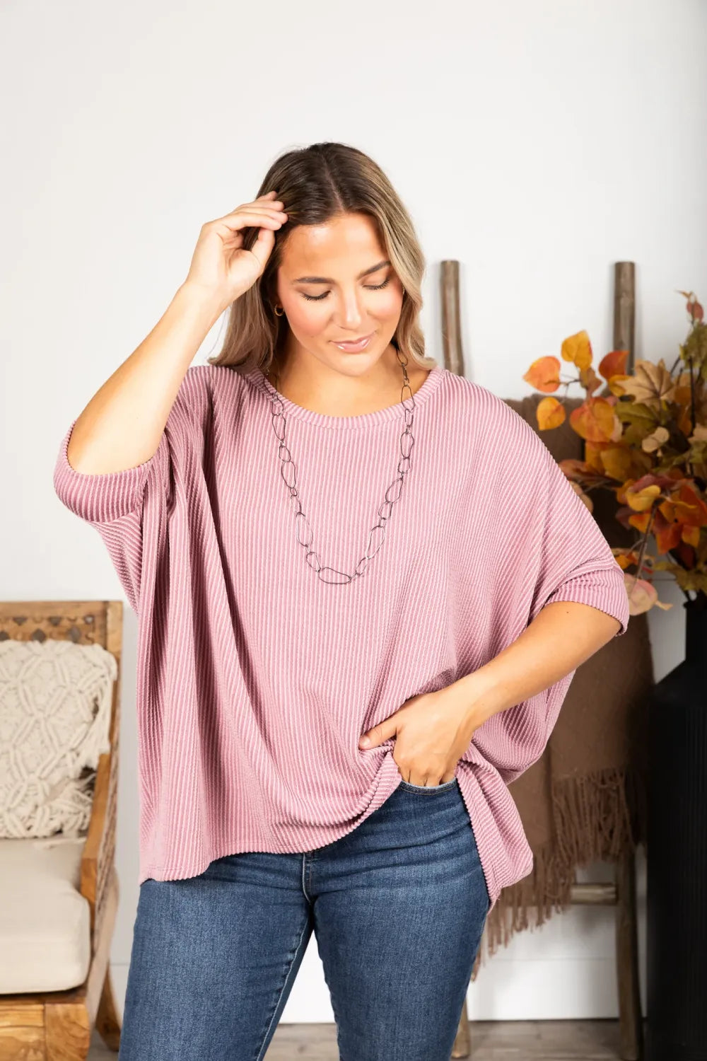 Women's Raised Rib Easy-Fit Dolman 3/4 Sleeve Top