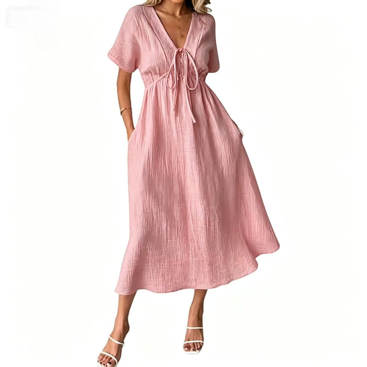 Last Day 89% OFF 🔥Women's Lightweight Summer Cotton Dress V-Neck Bohemian Casual Loose Short Sleeve Drawstring Beach Dress with Pockets