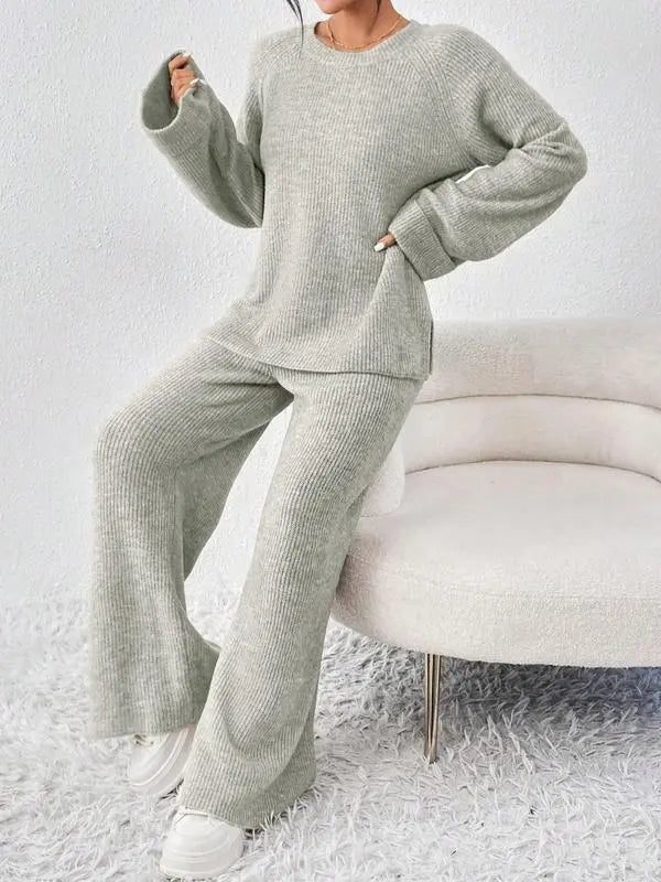 Women's Oversize Raglan Sleeve Split Sweater & Elastic Waist Pants Set, Basic Round Neck Top & Pants Sweater Set, Women's Autumn & Winter Clothing for Daily Wear.