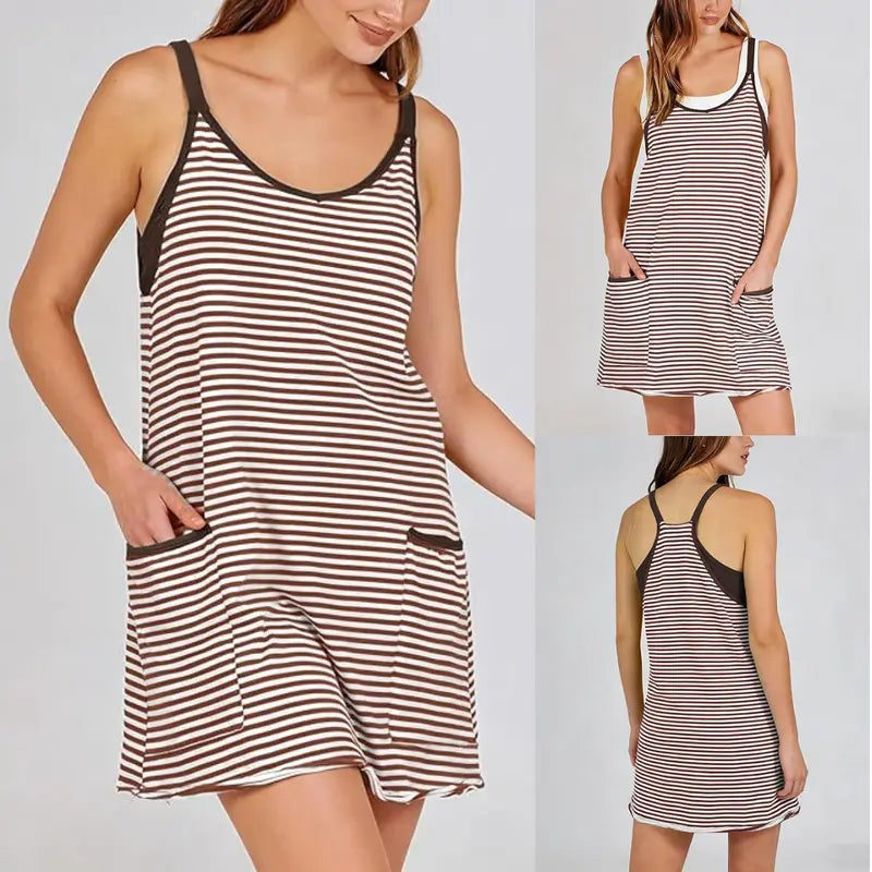 Women's Summer Athletic Mini Dress Sleeveless V Neck Built-in Shorts