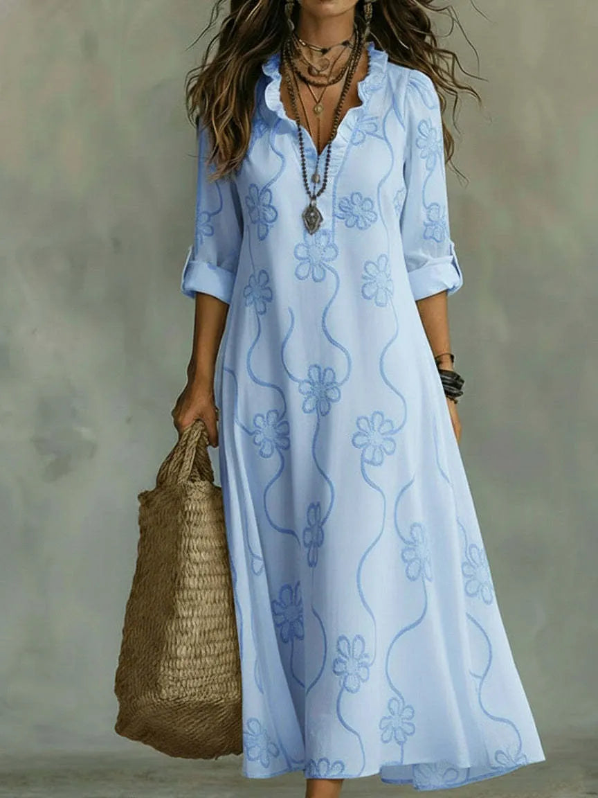 Last Day 89% OFF 🔥 Boho Floral Embroidered Maxi Dress | V-Neck Ruffle Trim Vacation & Beach Outfit