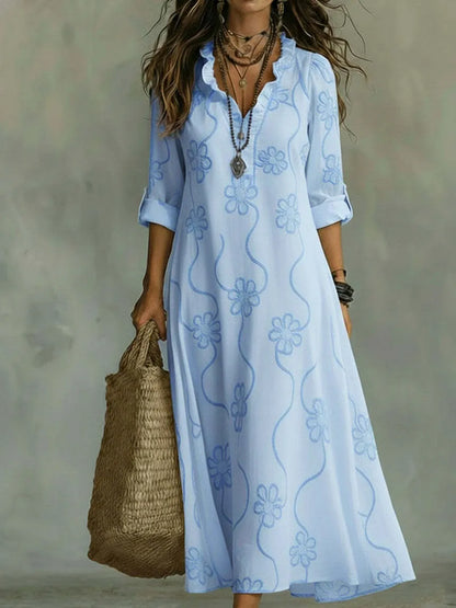 Last Day 89% OFF 🔥 Boho Floral Embroidered Maxi Dress | V-Neck Ruffle Trim Vacation & Beach Outfit