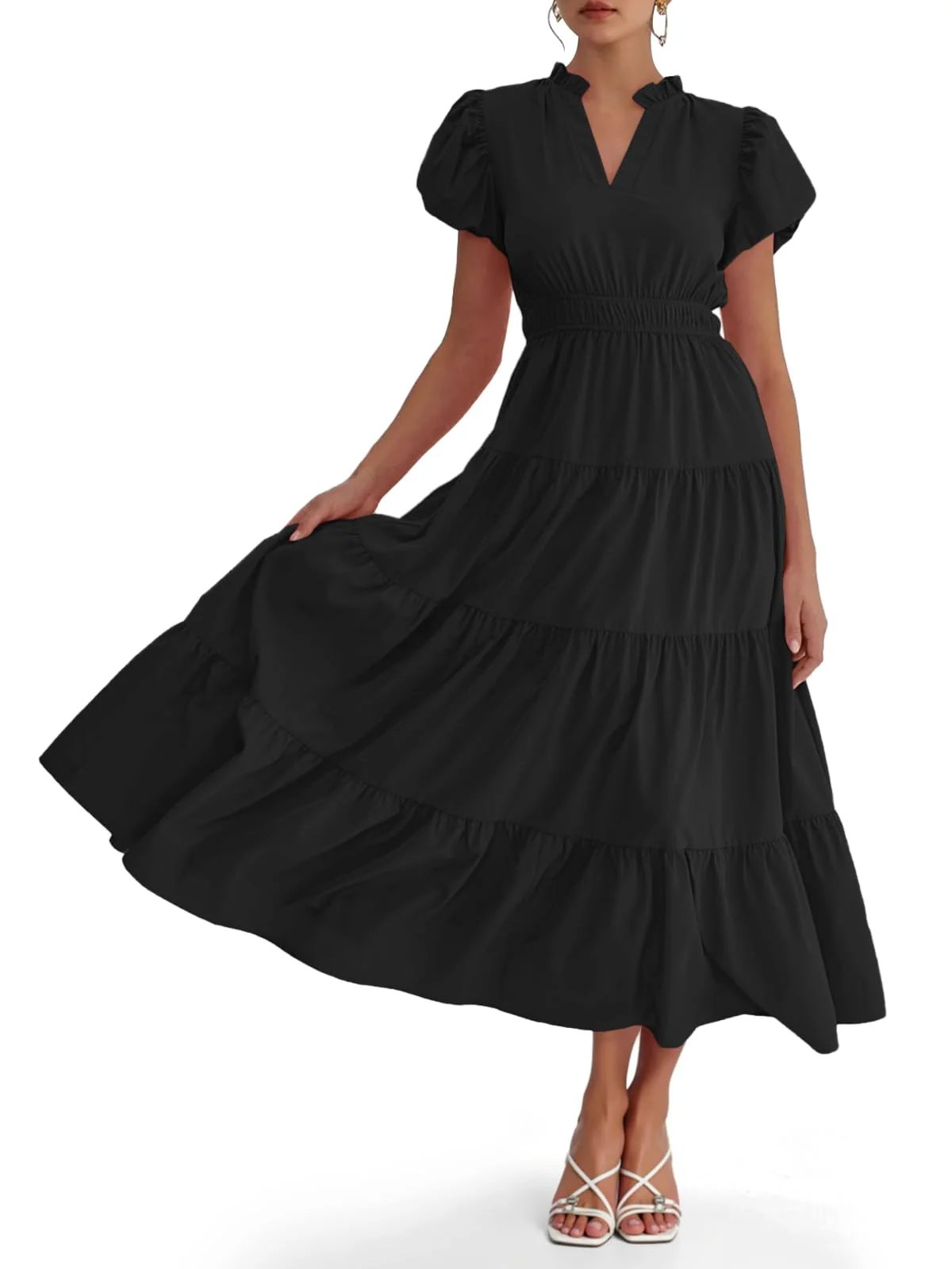 ⏰Hot Sale 90% OFF🎉Puff Short Sleeve V Neck Flowy Tiered Beach A-Line Dresses