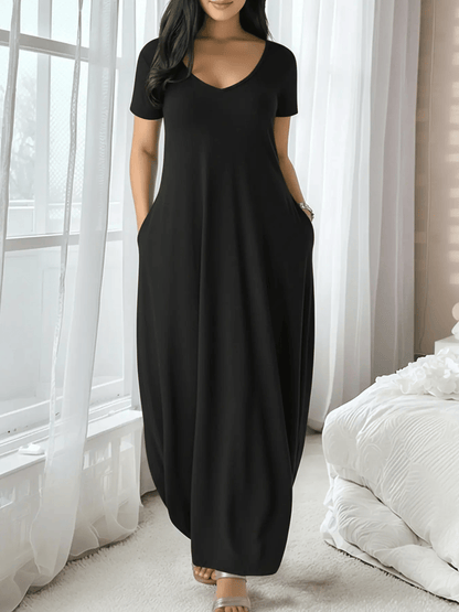⏰Final 3 Hours: 90% OFF 🔥 Women's Long Coffee Dress – Large Round Neck Short Sleeve Pocket  Dress ☕👗✨