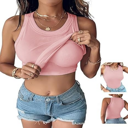 This Week's Special Price🍃Round Neck Built-in Bra Ribbed Tank Top Fit Casual Comfortable💥