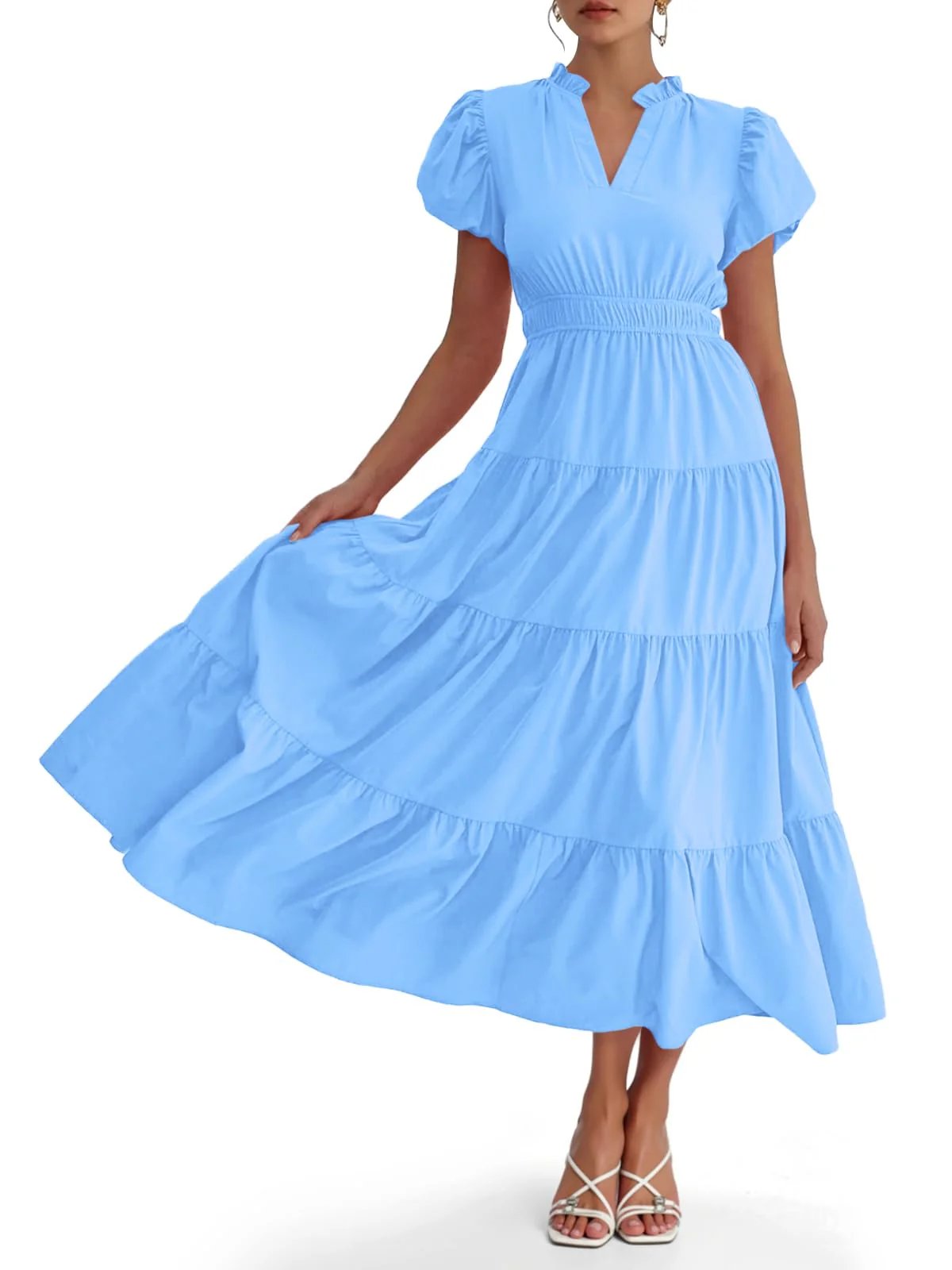 ⏰Hot Sale 90% OFF🎉Puff Short Sleeve V Neck Flowy Tiered Beach A-Line Dresses