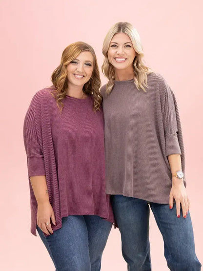 Women's Raised Rib Easy-Fit Dolman 3/4 Sleeve Top