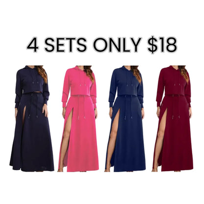 Women's Solid Drawstring Hoodie & Split Thigh Skirt Set, Long Sleeve Top & Pocket Long Skirt, Casual Fashion Cozy Co-ord Set, Women Clothes