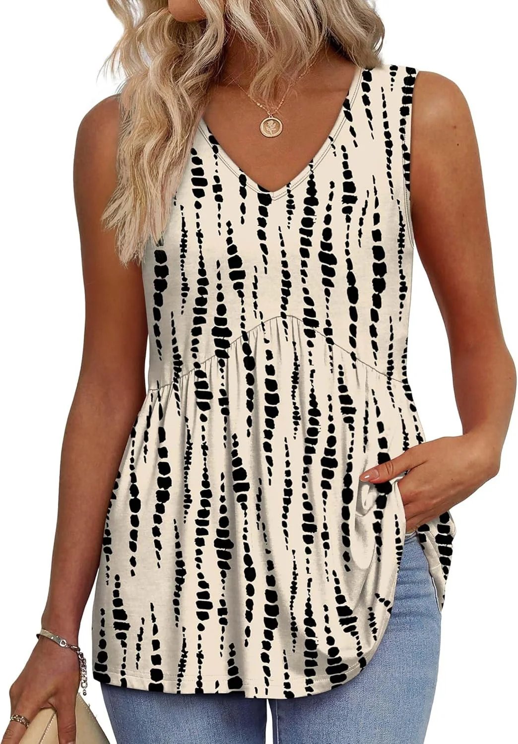 🔥Women's Print Flowy Sleeveless V Neck Peplum Tank Tops