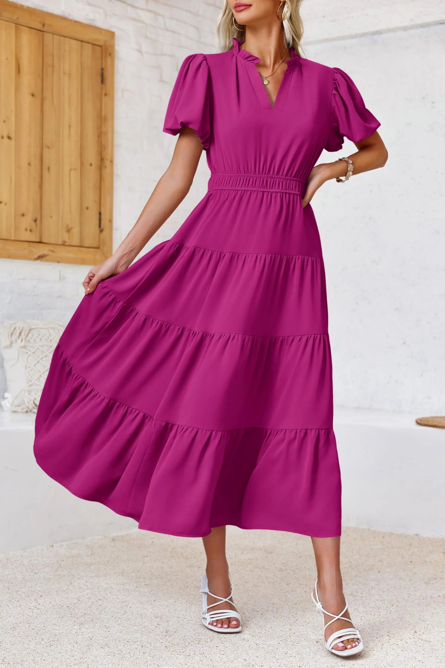 ⏰Hot Sale 90% OFF🎉Puff Short Sleeve V Neck Flowy Tiered Beach A-Line Dresses