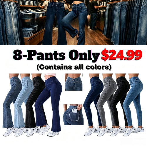 Women's High-Waisted Stretch Jeans with Crossover Design — Slim-Fit Flared Denim Leggings