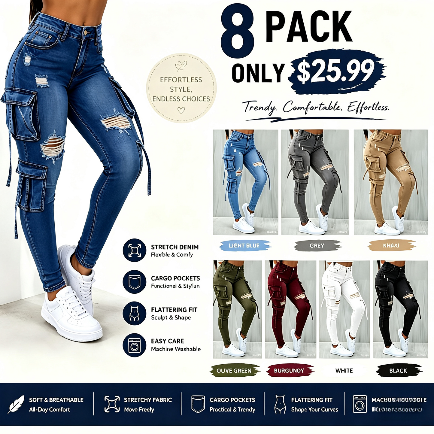 Y2K Womenswear Streetwear Multi-pocket Cropped Work Stretchy Skinny Cargo Denim Jeans Pants