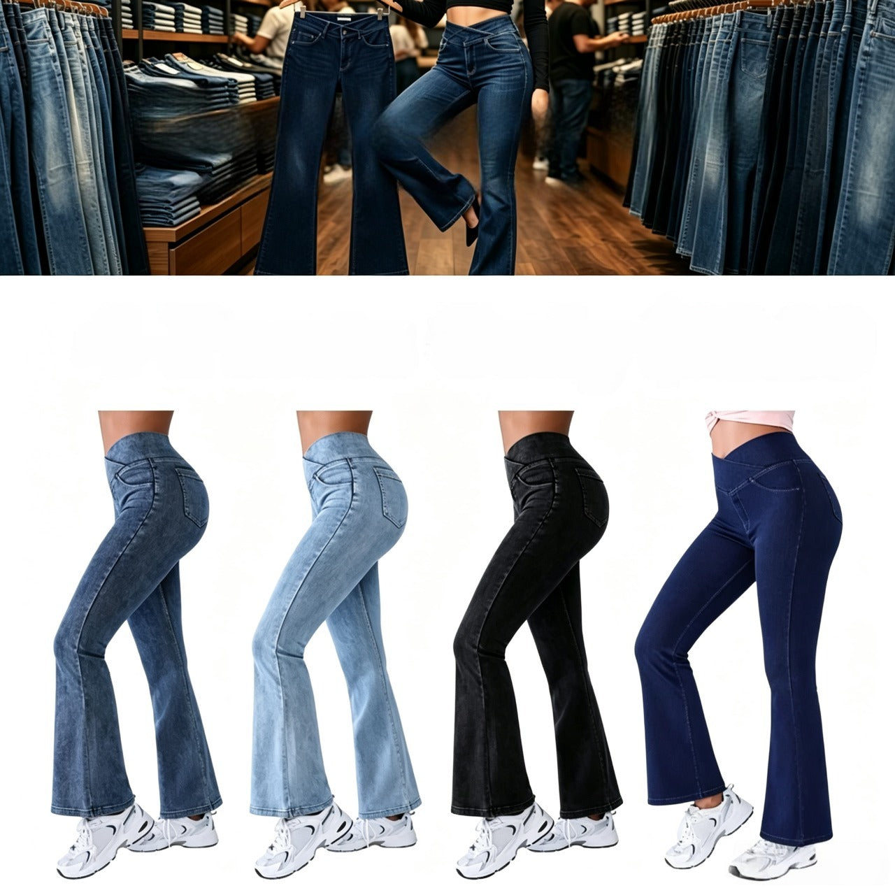Women's High-Waisted Stretch Jeans with Crossover Design — Slim-Fit Flared Denim Leggings